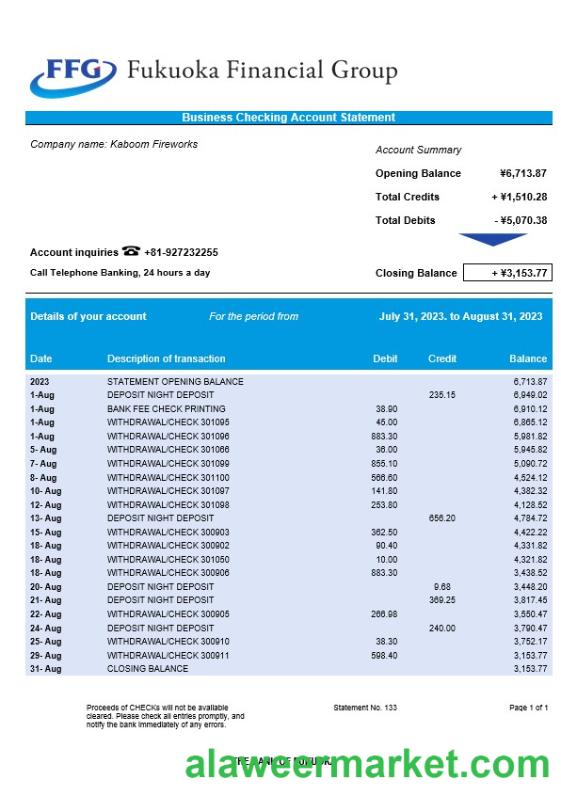 The Bank of Fukuoka firm account statement Word and PDF template